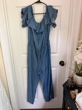 LOFT Blue Ruffle Off-Shoulder Jumpsuit Romper